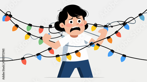 Sad guy tangled in Xmas light holiday prep stress fail bad boy no uh ok