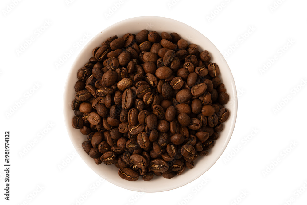 Fototapeta premium Coffee beans on a white background. Top view. Coffee beans texture.