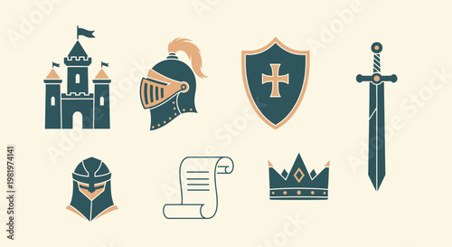 Medieval icon set featuring a castle knights helmet shield and sword