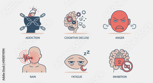Mental health conditions conceptual icons depicting cognitive decline and emotional distress
