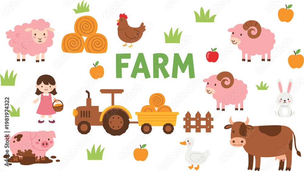 Fototapeta premium Comprehensive Farm Life Vector Set Featuring Cute Pink Sheep, Muddy Pig, Cow, Tractor, and Farm Girl with Harvest Elements for Children's Nursery and Educational Designs