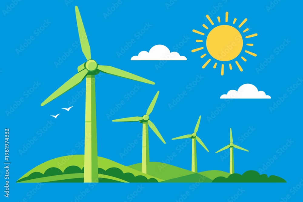 Fototapeta premium Green wind farm eco energy hill sun sky flat art vector clean power