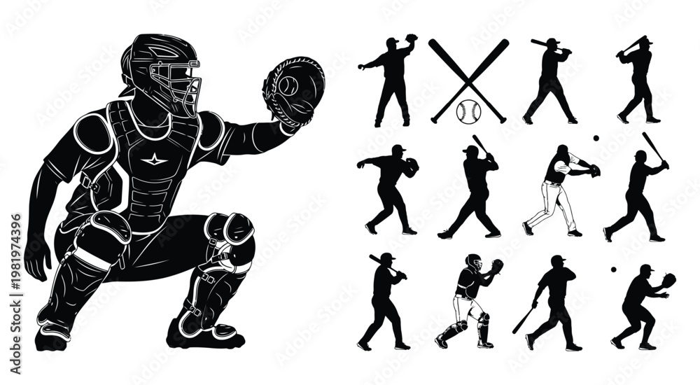 Fototapeta premium Black and white baseball catcher illustration with a collection of various player silhouettes in action poses