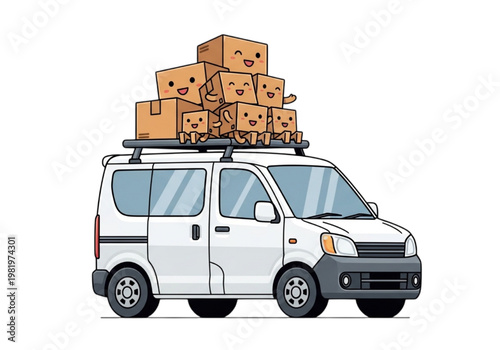 Cute cartoon delivery van loaded with happy, smiling boxes, symbolizing efficient and cheerful shipping services