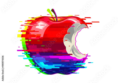 Glitching Red Apple with a Bite Taken Out, Representing Digital Decay and Corruption of Nature