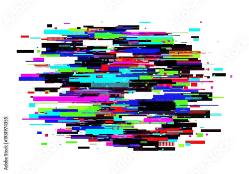 Abstract glitch art pattern with vibrant horizontal lines and digital noise effect, a chaotic visual representation of data corruption or signal interference, perfect for tech and modern design themes