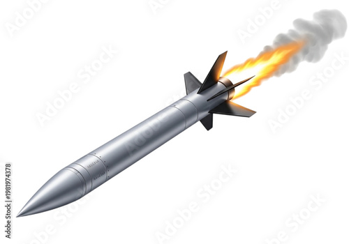 A sleek, silver rocket propels through the air with a powerful fiery exhaust and billowing smoke trail, illustrating concepts of speed, military technology, and rapid deployment