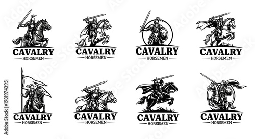 Medieval cavalry horsemen logos and emblems set in monochrome style