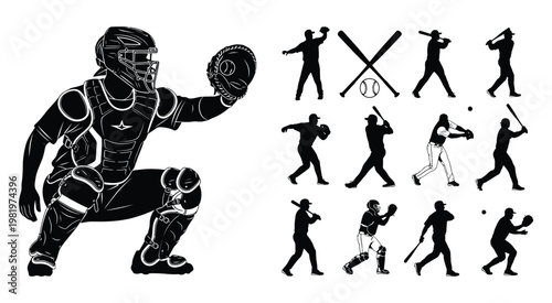 Black and white baseball catcher illustration with a collection of various player silhouettes in action poses