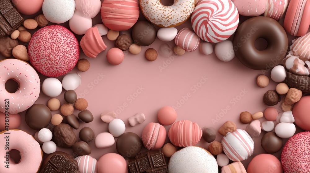 Fototapeta premium Assortment of pink, brown, and white confectionery items frames a central empty space