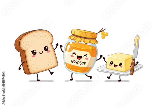 Cute Cartoon Slice of Bread with Honey Jar and Butter Stick Having Fun on White Background