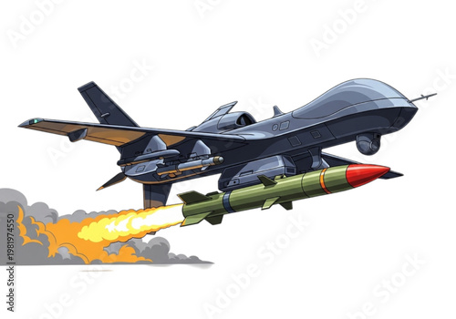 Advanced military unmanned aerial vehicle in dynamic flight, launching a powerful missile with fiery exhaust, symbolizing precision attack and modern aerial warfare technology