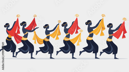 Traditional Group Of Women Dancing With Colorful Silk Scarves Elegant