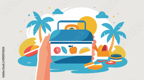 A hand is holding a blue lunch box with fruit art at a sunny beach