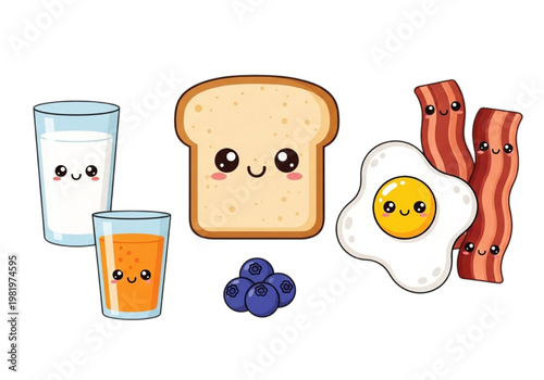 Kawaii breakfast featuring toast, juice, milk, blueberries, bacon, and a fried egg with smiling faces