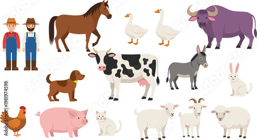 Cute Farm Life Vector Illustration Set Featuring Farmers Horse Cow Buffalo Donkey Goat Sheep Pig Dog Cat Rabbit and Poultry for Rural Agriculture Designs