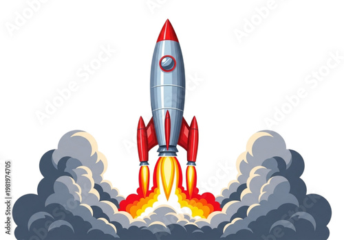 Vibrant graphic of a modern rocket launching skyward with fiery propulsion and smoke, symbolizing powerful business growth, innovative startups, and successful project beginnings