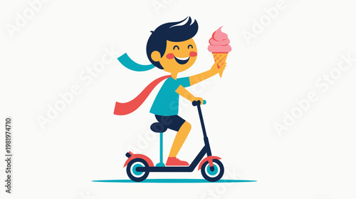Happy Little Boy Riding Kick Scooter While Holding Pink Ice Cream Cone