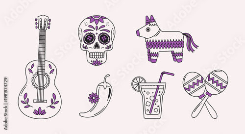 Mexican culture icons guitar skull pinata chili drink and maracas vector art