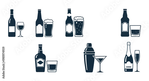 Alcoholic Drinks Icons: Beer, Wine, Whiskey, Cocktail, Champagne Set