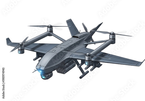 Sophisticated futuristic unmanned aerial vehicle for advanced surveillance operations, showcasing a modern military drone concept with VTOL capabilities and integrated sensor technology