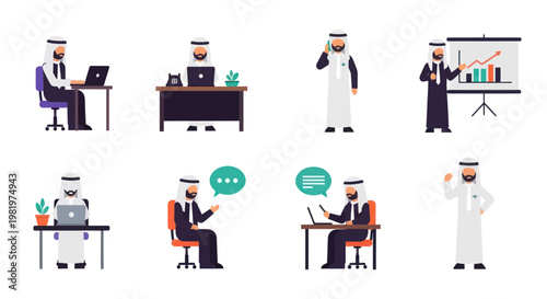Arab Businessman Character Set: Office Work, Communication, Presentation, Success