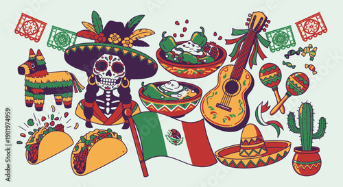 Mexican cultural symbols illustration sombrero guitar tacos fiesta elements