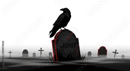 Black Crow Perched on Cracked Tombstone in Foggy Graveyard