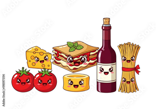 Cute Kawaii Italian Food Characters Lasagna, Spaghetti, Tomatoes, Cheese, and Wine Illustration