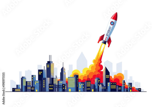 Vibrant illustration of a rocket launching from a city, symbolizing rapid startup growth, technological innovation, and ambitious business success and progress