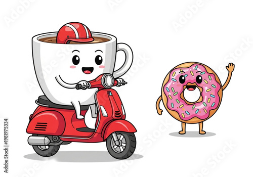 Charming cartoon coffee cup, helmeted, rides a red scooter for a delightful delivery, as a cheerful pink donut with sprinkles waves hello, a whimsical breakfast graphic