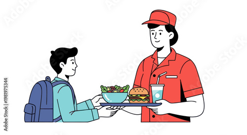 School Lunch Service: Student Receives Meal from Cafeteria Worker