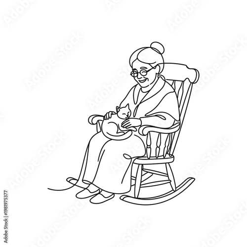 Elderly woman in rocking chair with cat line art.