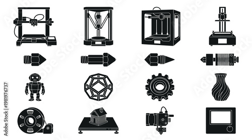 3D Printing Glyph Icons Set. Solid Additive Manufacturing Printer, Components  Objects