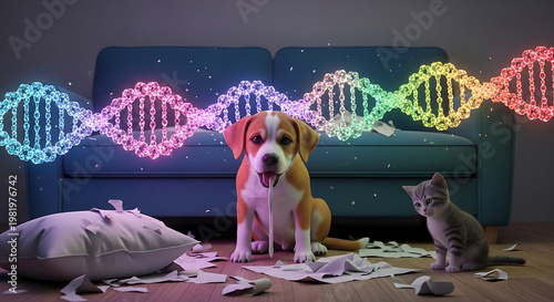 Dog and kitten looking guilty amidst a mess of shredded pillow, with glowing rainbow DNA strands symbolizing genetics or science concept