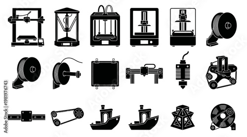 3D Printing Technology Glyph Icons Set - Printers, Filament, Parts, and Additive Manufacturing