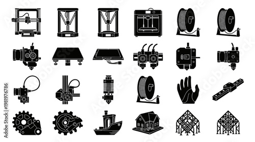 3D Printing Technology Icons Set - Black and White Glyph Art