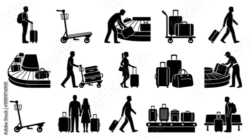 Airport Travel Silhouettes: People with Luggage, Baggage Claim, Scooters