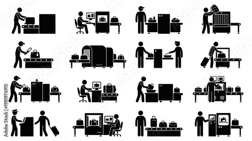 Security Check Icons: Airport Baggage Scanning, X-ray, and Inspection