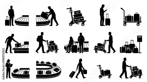 Airport Travel Passengers and Luggage Silhouette Glyph Icons Set
