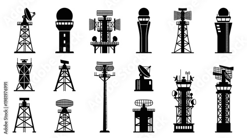 Technology Communication Radar and Control Towers Glyph Icon Set