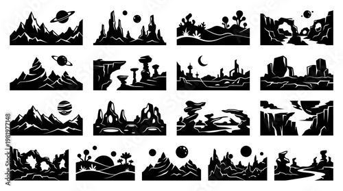 Alien Landscape Silhouettes, Sci-Fi Planet Scenery, Vector Illustrations