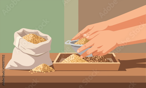 A person measuring and sorting grains using a scoop and a tray