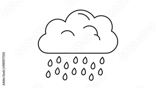 Simple black outline drawing of a cloud with falling raindrops on a clean white background, representing rain weather, precipitation, and wet conditions.