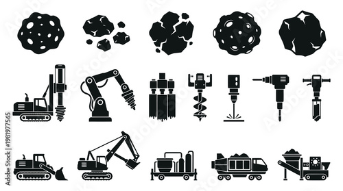 Mining Industry, Geology, and Quarrying Heavy Equipment Solid Glyph Icons Set