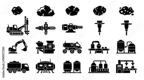 Mining Equipment and Industry Icons - Black and White Glyph