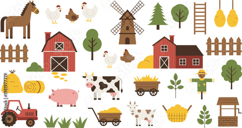Rustic Countryside Farm Vector Set Featuring Traditional Red Barns, Livestock, Agricultural Equipment, and Rural Life Icons for Branding and Educational Design