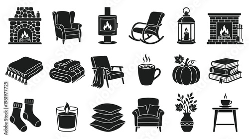 Cozy Autumn Icons: Fireplace, Armchair, Pumpkin, Books, Socks, Candle