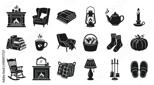 Cozy Autumn Winter Home Comfort Black Glyphs Icons - Fireplace, Blanket, Mug, Armchair, Pumpkin