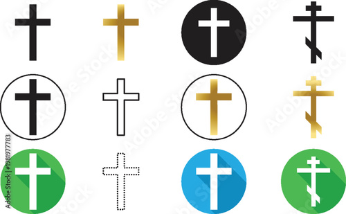 Cross Icons Set Christian Religious Cross Symbols in Flat, Gold and Black Circle Badge Styles